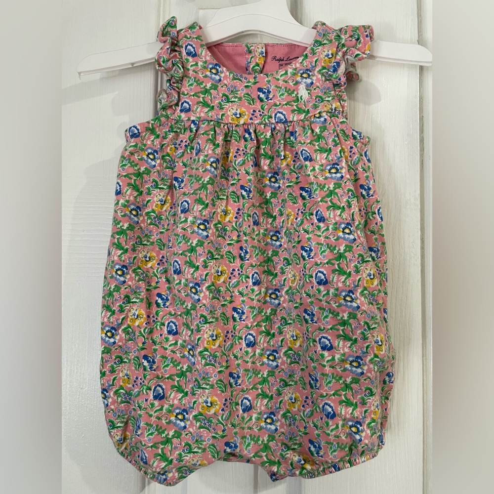 Ralph Lauren Pink Floral Ruffle Baby Bubble Romper